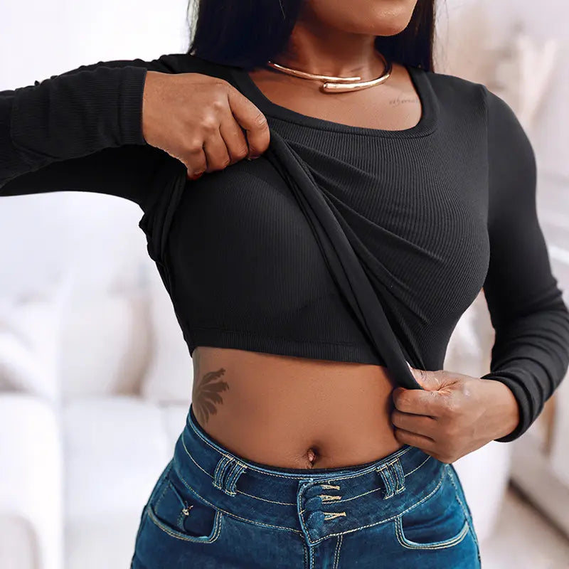 U-Neck Ribbed Top with Built-in Bra